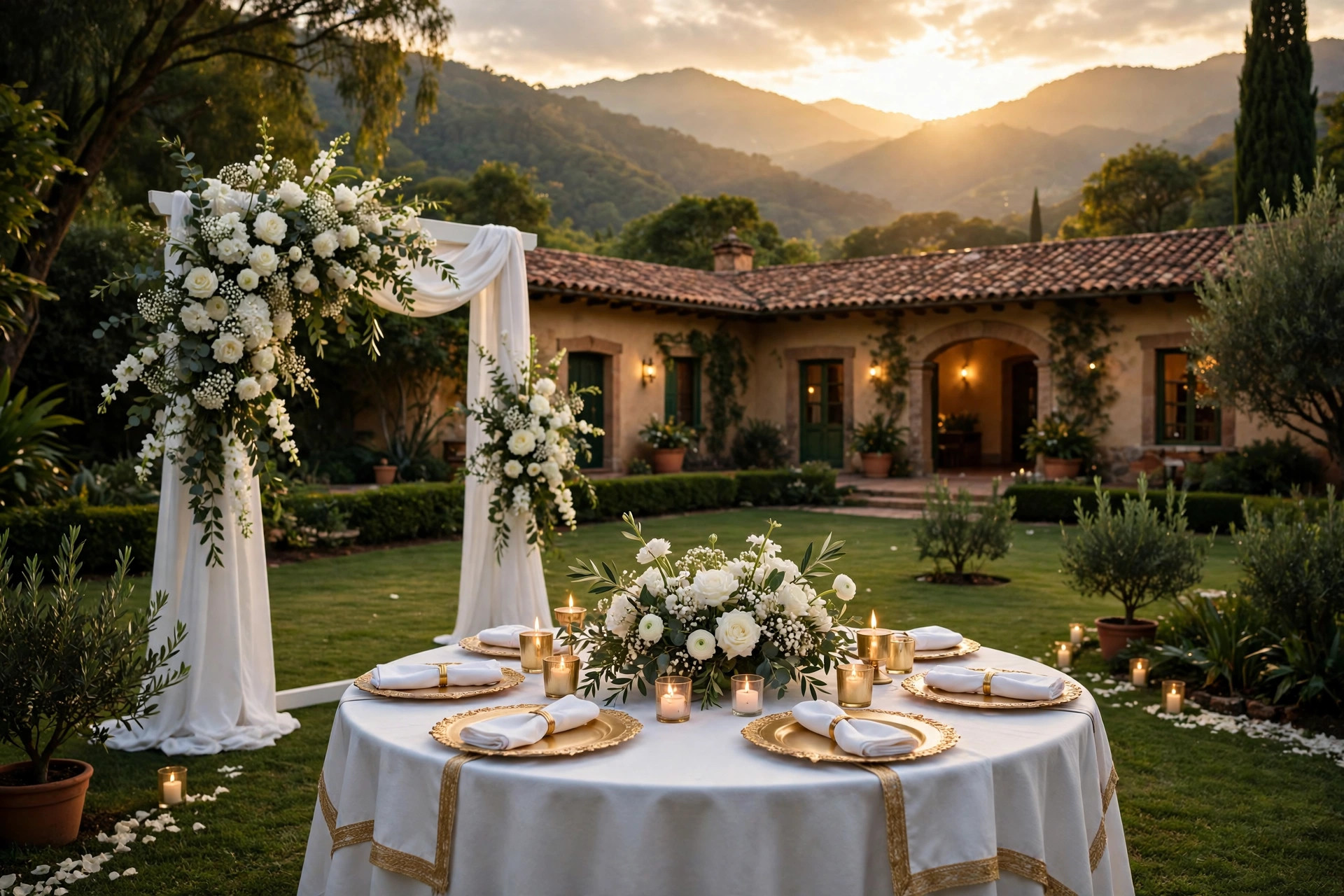 Celebración de bautizo en blanco y dorado en los jardines del rancho