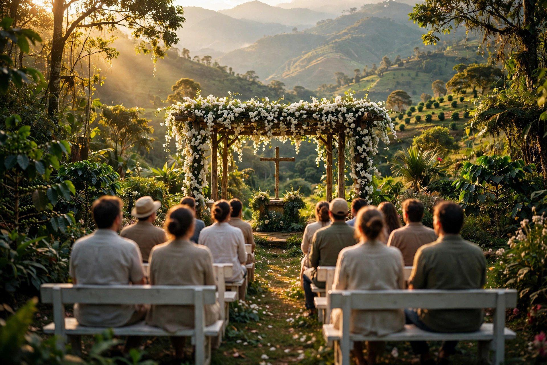 Encuentro cristiano al aire libre bajo una pérgola de flores, frente a las montañas