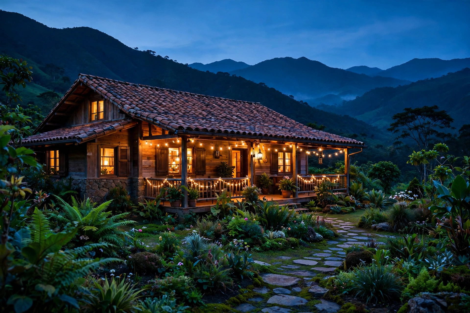 La casa del Rancho JJ al anochecer, con las ventanas encendidas