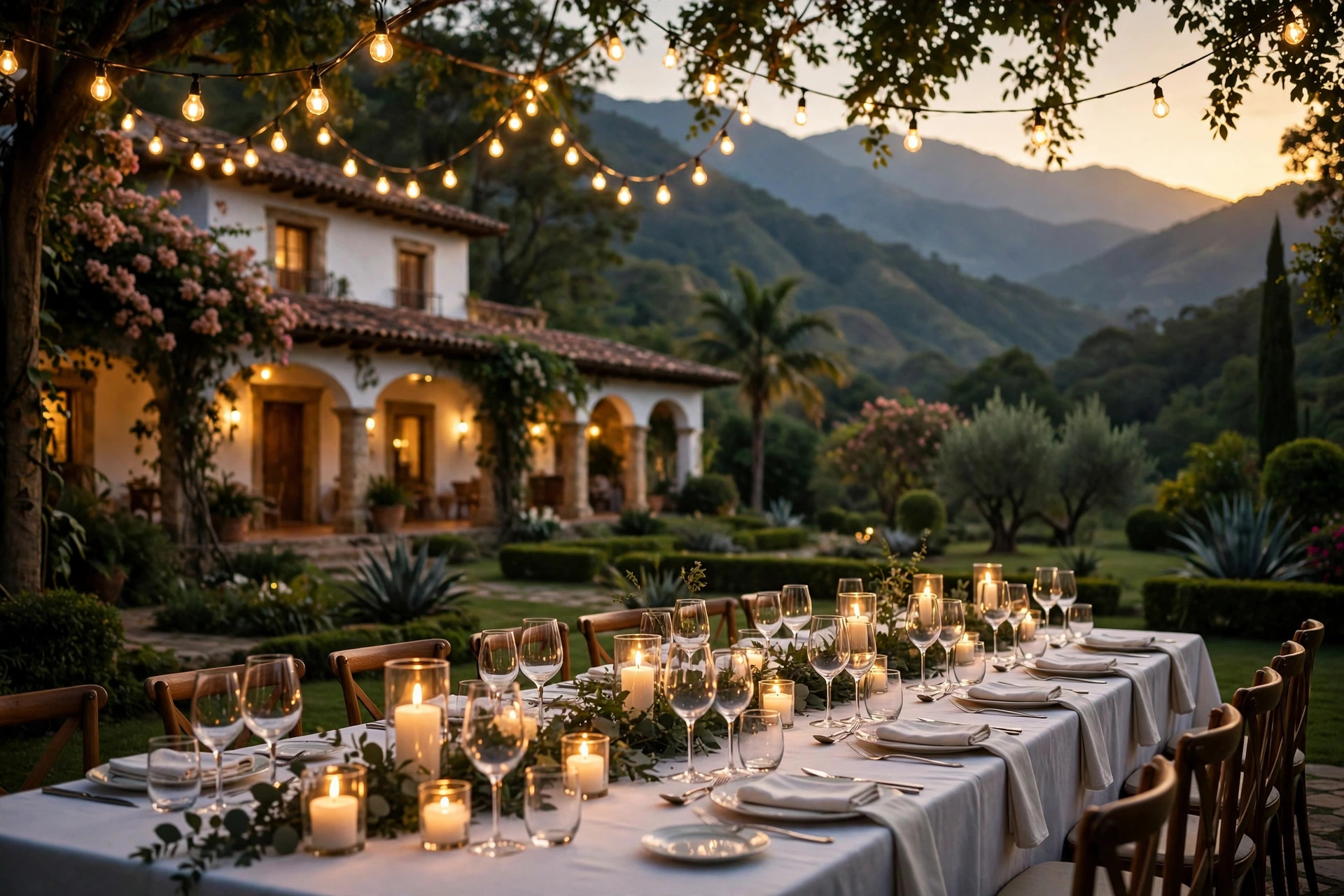 Cena empresarial elegante al aire libre, bajo luces cálidas frente a la casa