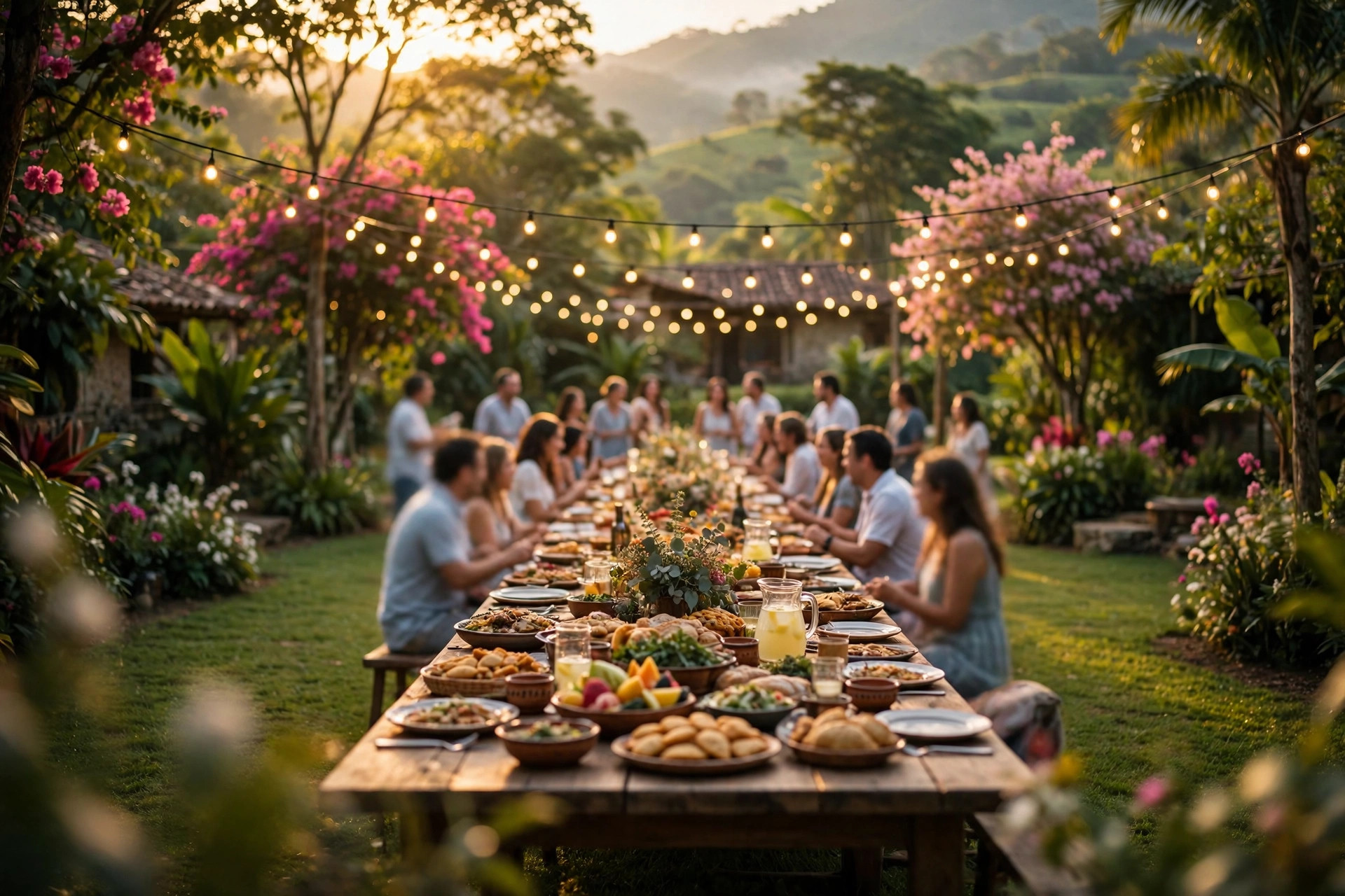 Reunión familiar alrededor de una mesa larga en los jardines, a la luz dorada