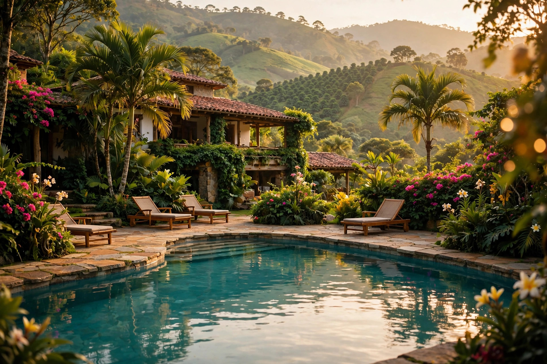 Piscina rodeada de jardines tropicales