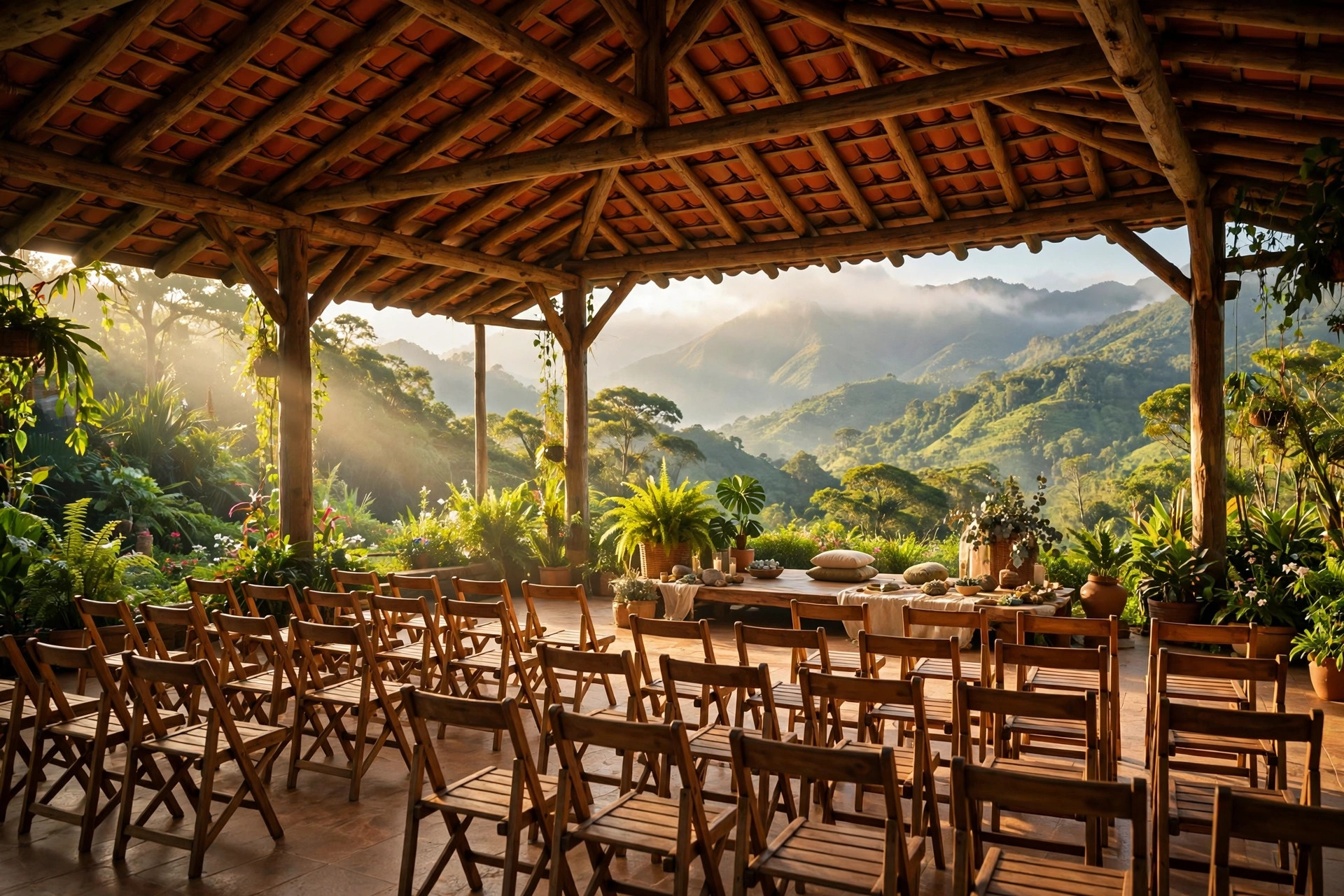 Salón campestre abierto, listo para un retiro