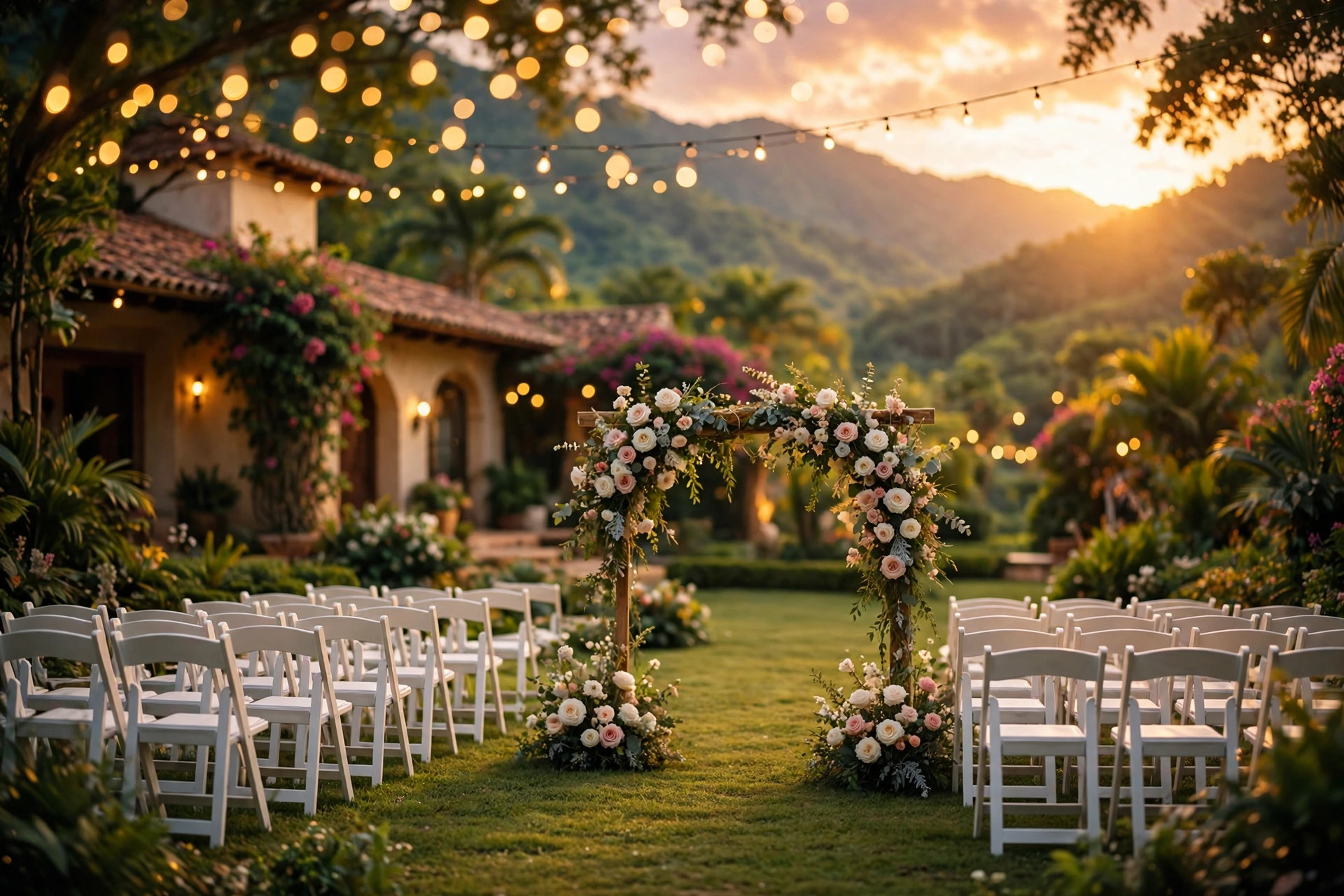 Montaje de matrimonio al aire libre en los jardines